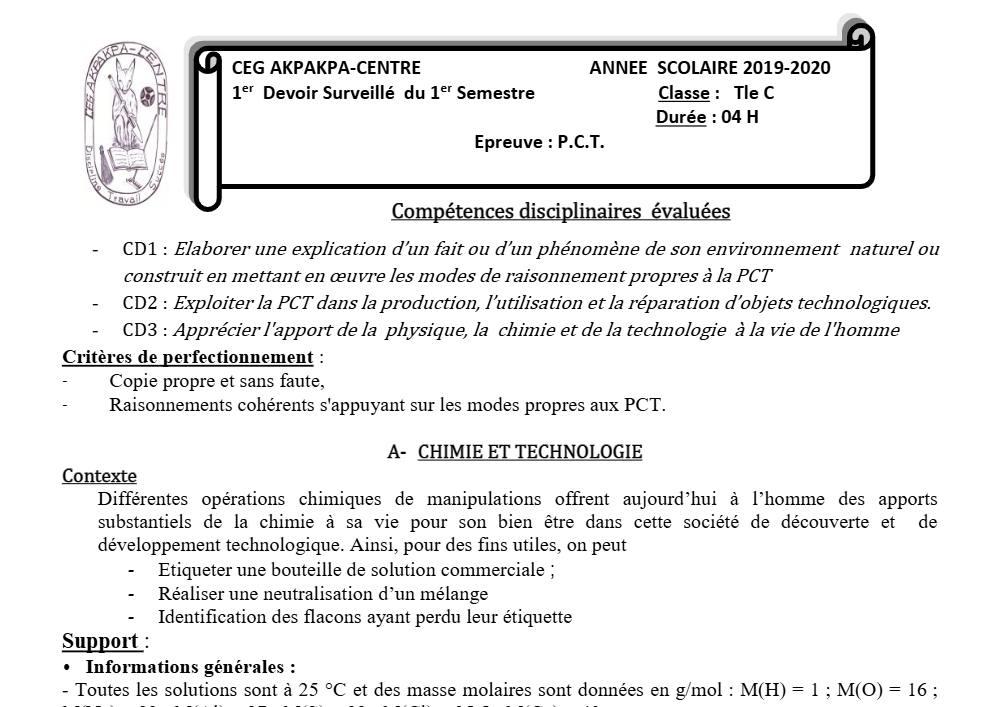 Aperçu de la première page — Tle C PCT 1er Devoir 1er Semestre CEG Akpakpa 2019 2020