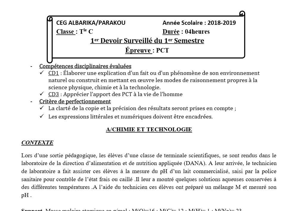 Aperçu de la première page — Tle C PCT 1er Devoir 1er Semestre CEG Albarika 2018 2019 (2)