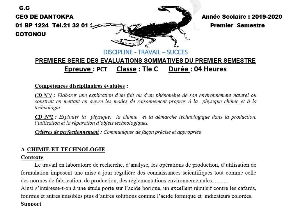 Aperçu de la première page — Tle C PCT 1er Devoir 1er Semestre CEG Dantokpa 2019 2020