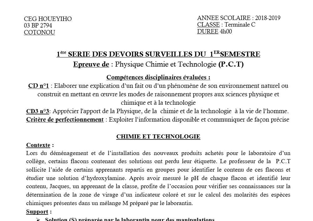 Aperçu de la première page — Tle C PCT 1er Devoir 1er Semestre CEG Houéyiho 2018 2019