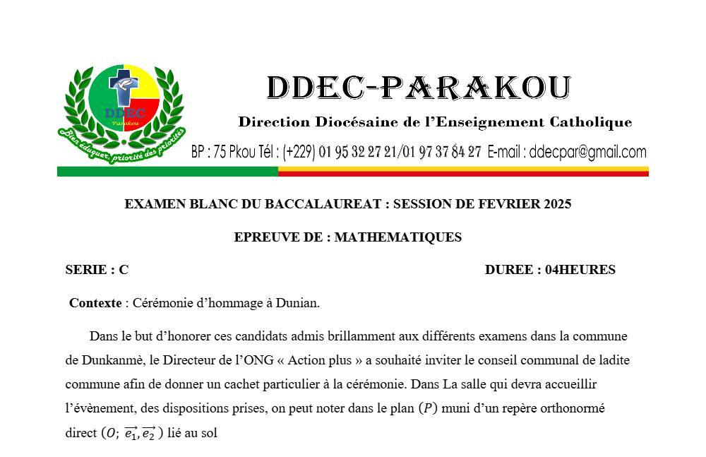Aperçu de la première page — Mathématiques Série C BAC Blanc Diocèse de Parakou 2025