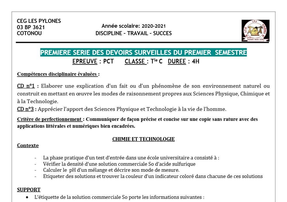 Aperçu de la première page — Tle C PCT 1er Devoir 1er Semestre CEG Les Pylônes 2020 2021