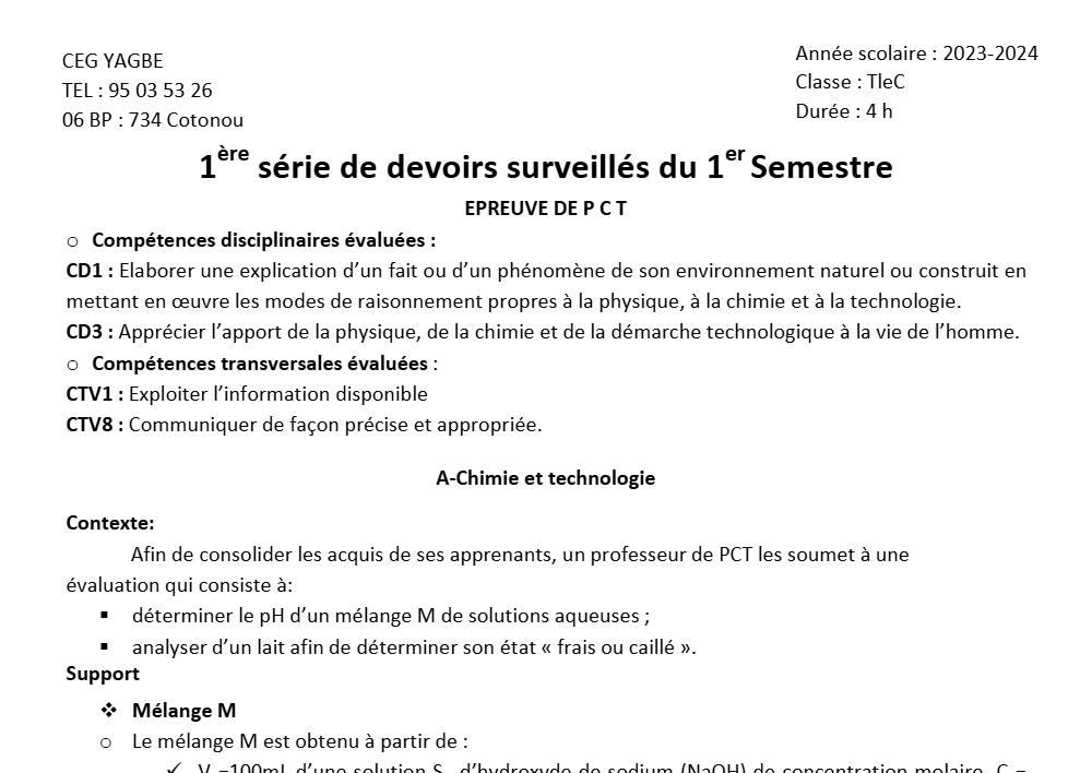 Aperçu de la première page — Tle C PCT 1er Devoir 1er Semestre CEG Yagbe 2023 2024