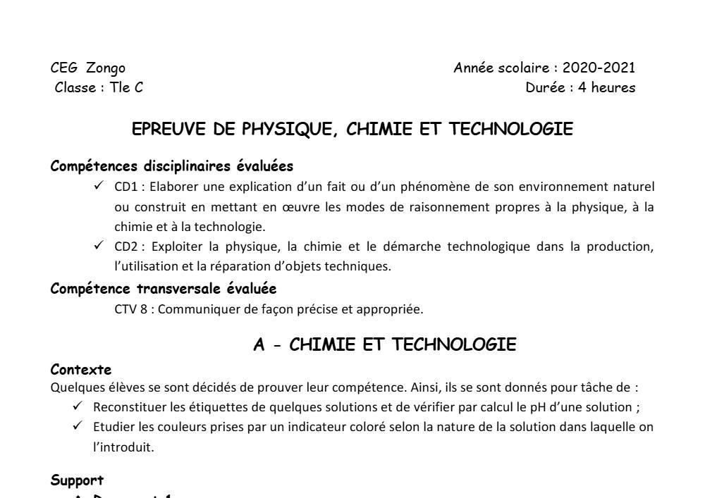 Aperçu de la première page — Tle C PCT 1er Devoir 1er Semestre CEG Zongo 2020 2021
