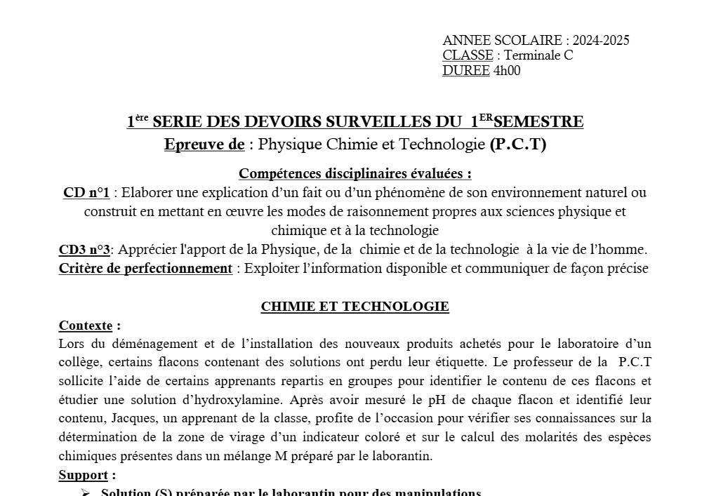 Aperçu de la première page — Tle C PCT 1er Devoir 1er Semestre Collège D'Enseignement Général 2024 2025