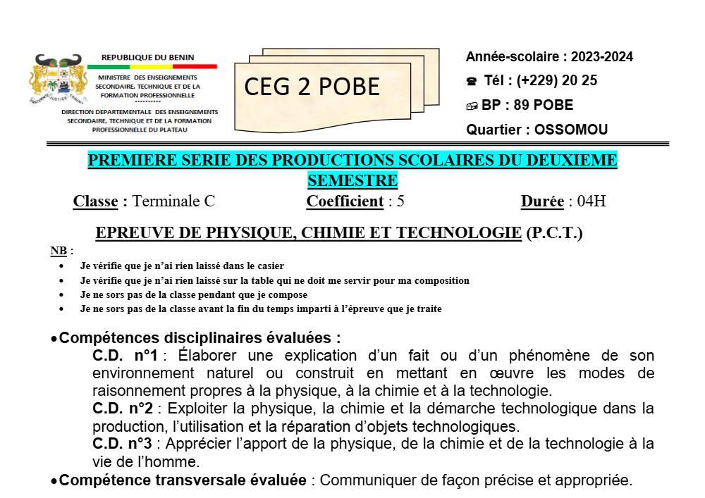 Aperçu de la première page — Tle C PCT 1er Devoir 2ème Semestre CEG2 Pobè 2023 2024