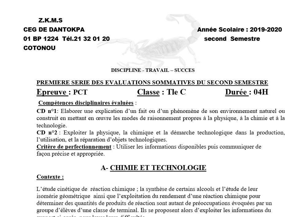 Aperçu de la première page — Tle C PCT 1er Devoir 2ème Semestre CEG Dantokpa 2019 2020