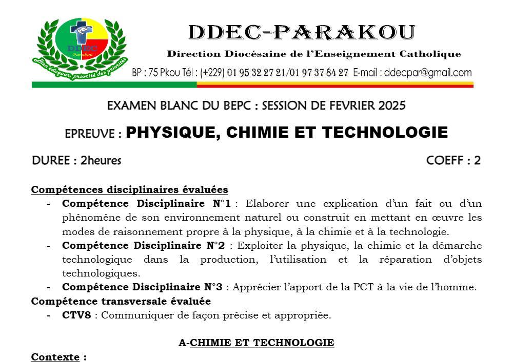 Aperçu de la première page — Physique Chimie Technologie BEPC Blanc Diocèse de Parakou 2025