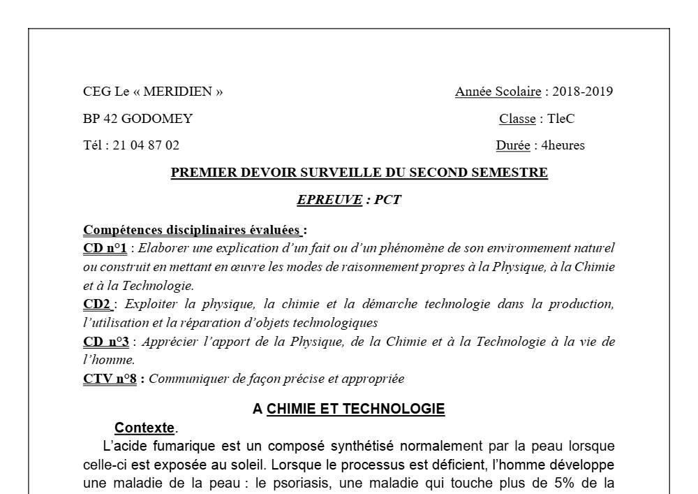 Aperçu de la première page — Tle C PCT 1er Devoir 2ème Semestre CEG Le Meridien 2018 2019