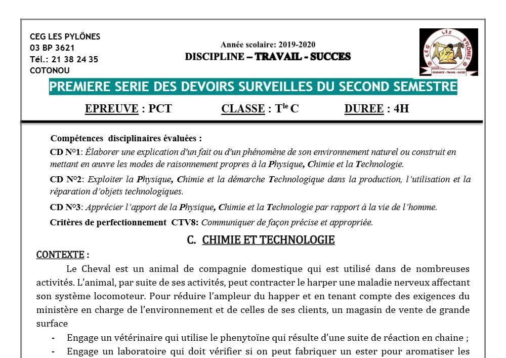 Aperçu de la première page — Tle C PCT 1er Devoir 2ème Semestre CEG Les Pylônes 2019 2020