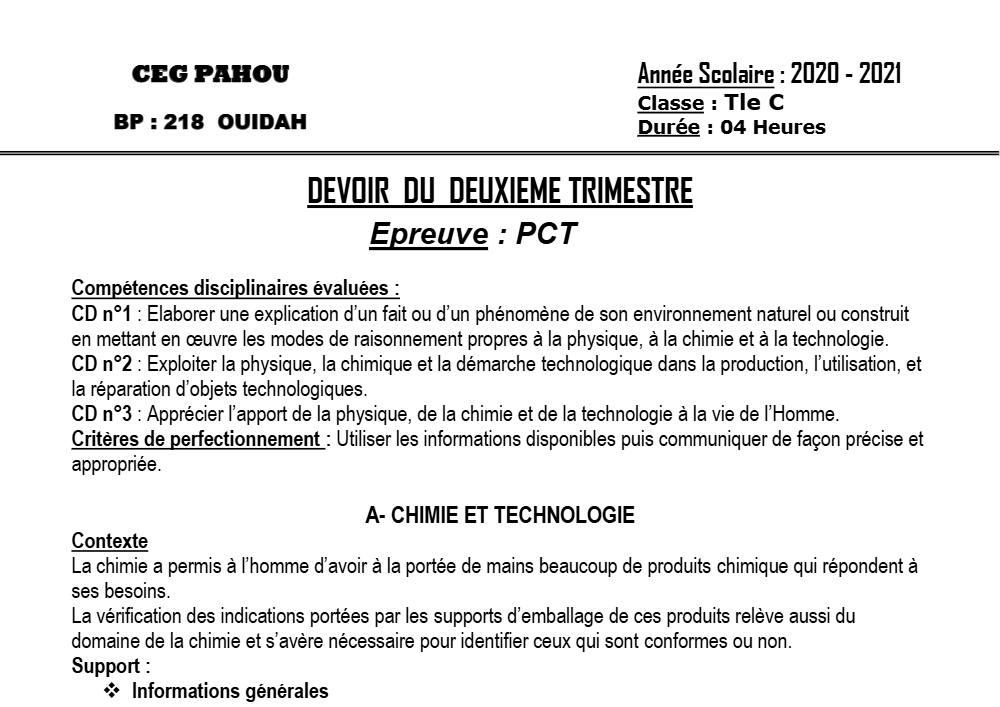 Aperçu de la première page — Tle C PCT 1er Devoir 2ème Semestre CEG Pahou 2020 2021