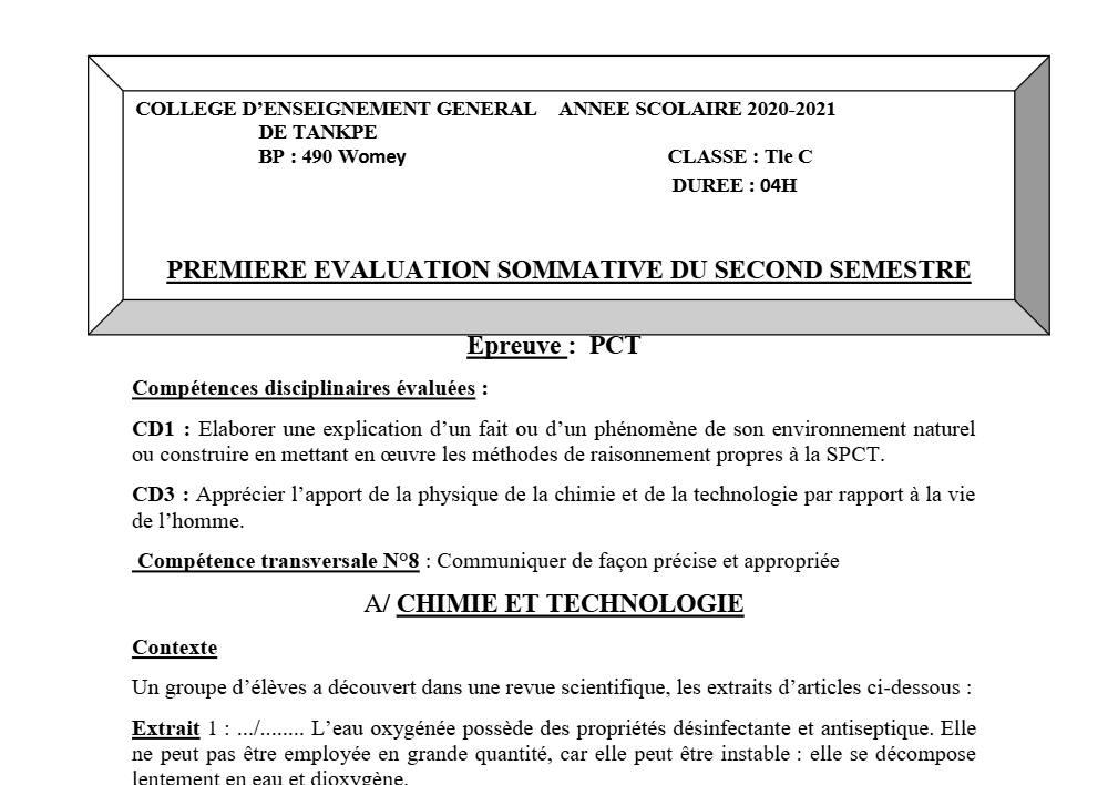 Aperçu de la première page — Tle C PCT 1er Devoir 2ème Semestre CEG Tankpè 2020 2021