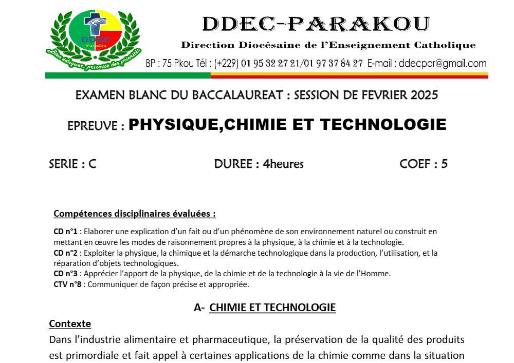 Aperçu de la première page — Physique Chimie Technologie Série C BAC Blanc Diocèse de Parakou 2025