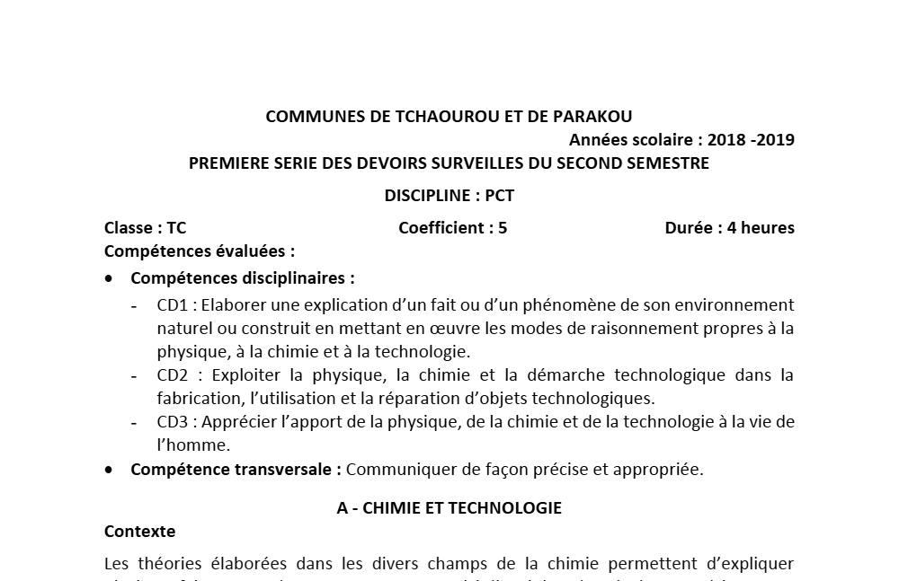 Aperçu de la première page — Tle C PCT 1er Devoir 2ème Semestre CEG Tchaourou 2018 2019