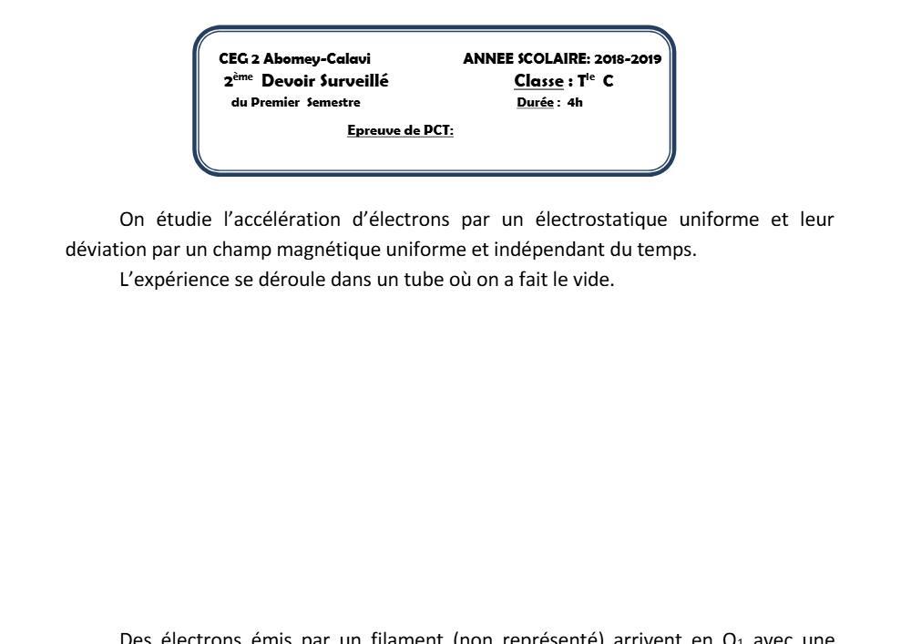 Aperçu de la première page — Tle C PCT 2ème Devoir 1er Semestre CEG2 Abomey Calavi 2018 2019