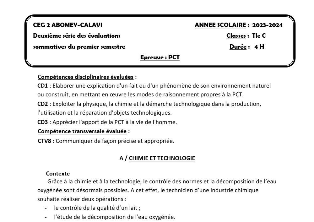 Aperçu de la première page — Tle C PCT 2ème Devoir 1er Semestre CEG2 Abomey Calavi 2023 2024