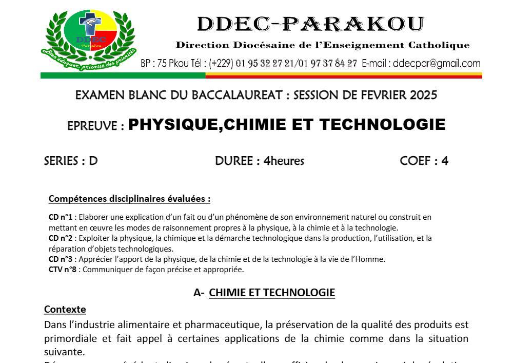 Aperçu de la première page — Physique Chimie Technologie Série D BAC Blanc Diocèse de Parakou 2025