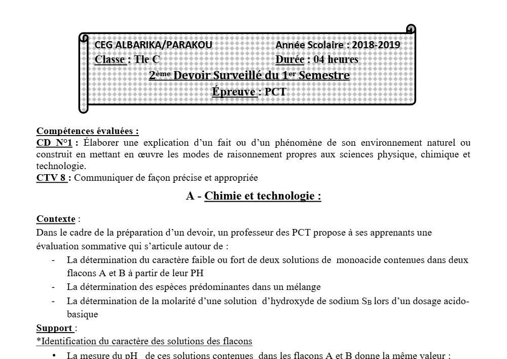 Aperçu de la première page — Tle C PCT 2ème Devoir 1er Semestre CEG Albarika 2018 2019