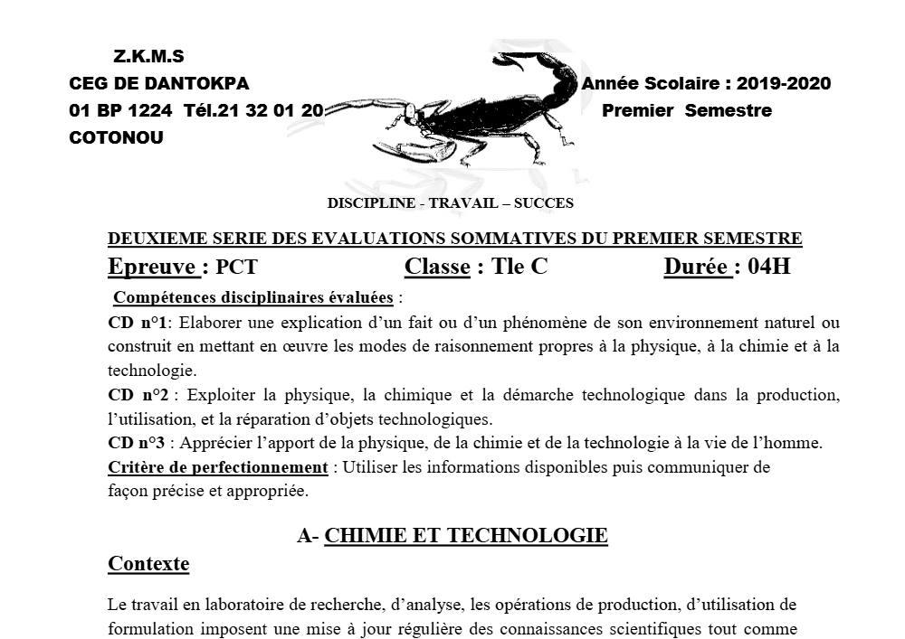 Aperçu de la première page — Tle C PCT 2ème Devoir 1er Semestre CEG Dantokpa 2019 2020