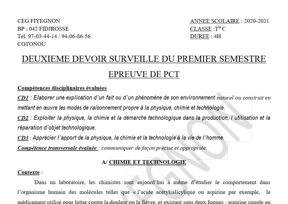 Aperçu de la première page — Tle C PCT 2ème Devoir 1er Semestre CEG Fiyegnon 2020 2021