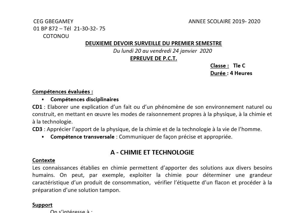 Aperçu de la première page — Tle C PCT 2ème Devoir 1er Semestre CEG Gbégamey 2019 2020