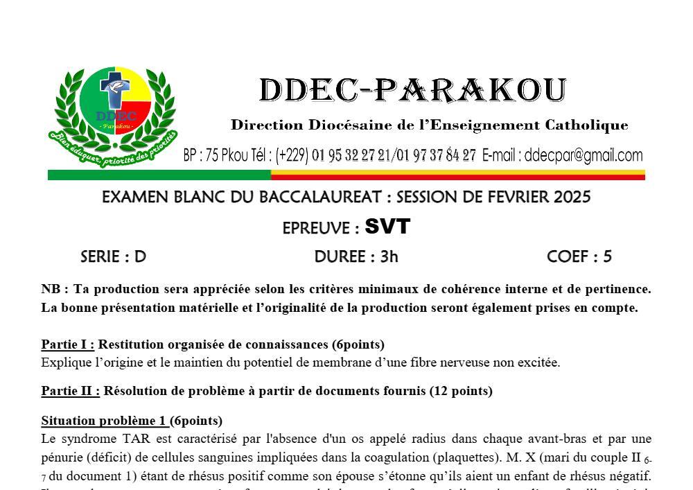 Aperçu de la première page — SVT Série D BAC Blanc Diocèse de Parakou 2025
