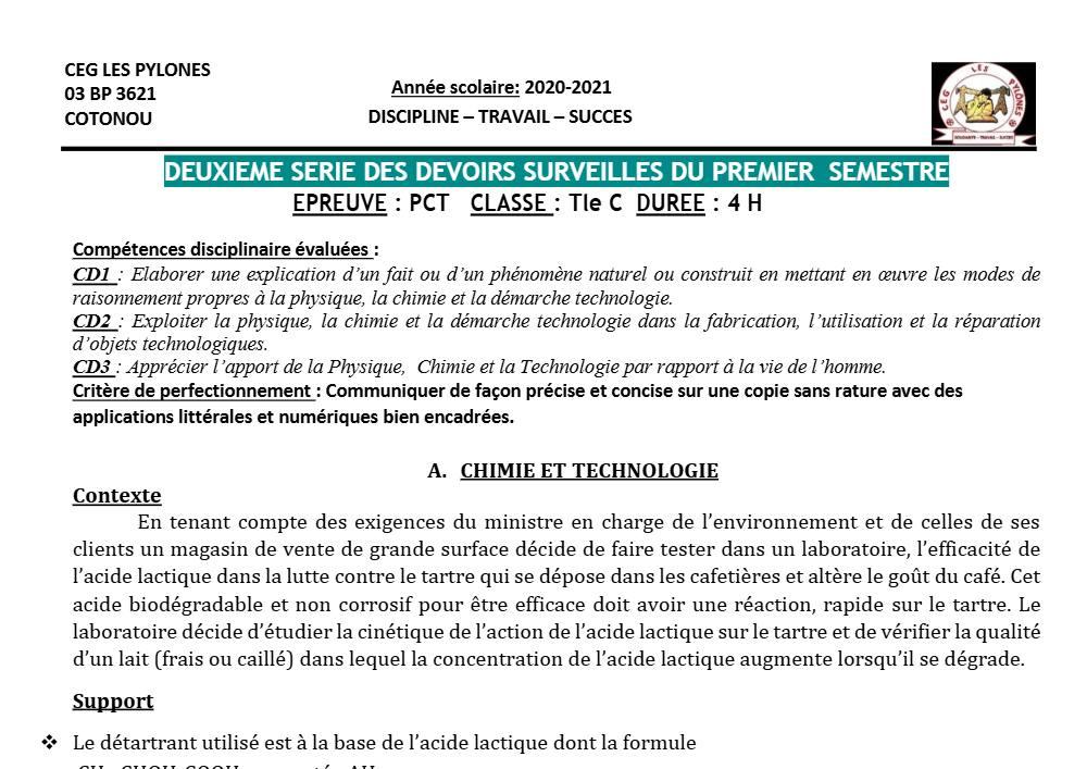 Aperçu de la première page — Tle C PCT 2ème Devoir 1er Semestre CEG Les Pylônes 2020 2021