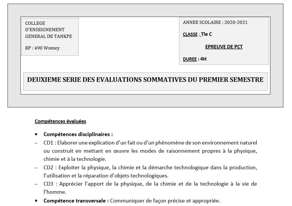 Aperçu de la première page — Tle C PCT 2ème Devoir 1er Semestre CEG Tankpè 2020 2021