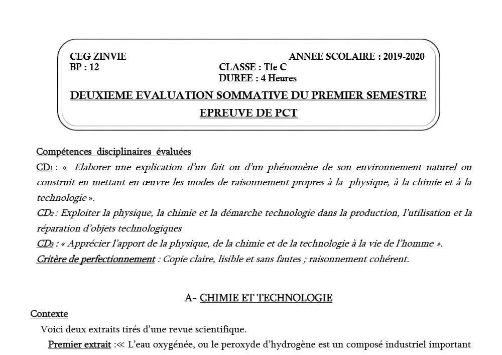 Aperçu de la première page — Tle C PCT 2ème Devoir 1er Semestre CEG Zinvié 2019 2020