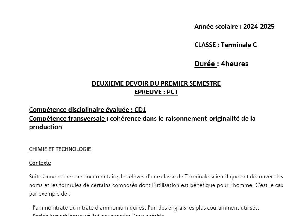 Aperçu de la première page — Tle C PCT 2ème Devoir 1er Semestre Collège D'Enseignement Général 2024 2025