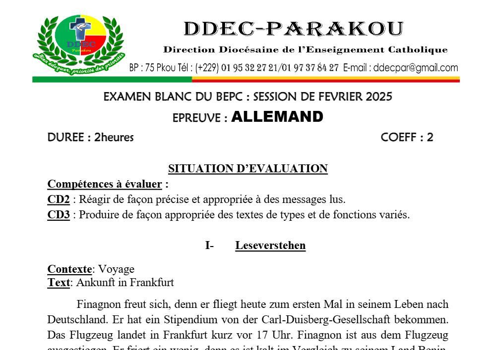 Aperçu de la première page — Allemand BEPC Blanc Diocèse de Parakou 2025