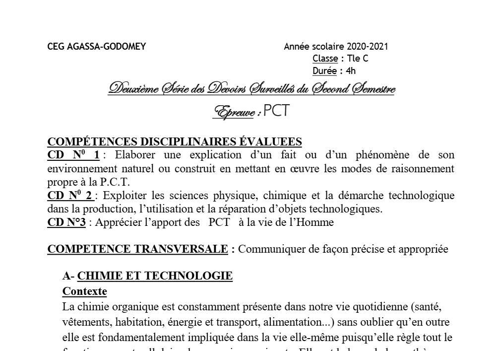 Aperçu de la première page — Tle C PCT 2ème Devoir 2ème Semestre CEG Agassa Godomey 2020 2021