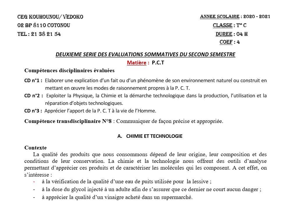 Aperçu de la première page — Tle C PCT 2ème Devoir 2ème Semestre CEG K Vedoko 2020 2021