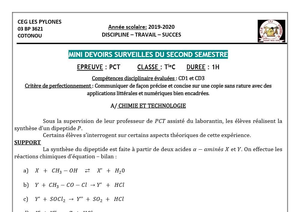 Aperçu de la première page — Tle C PCT 2ème Devoir 2ème Semestre CEG Les Pylônes 2019 2020
