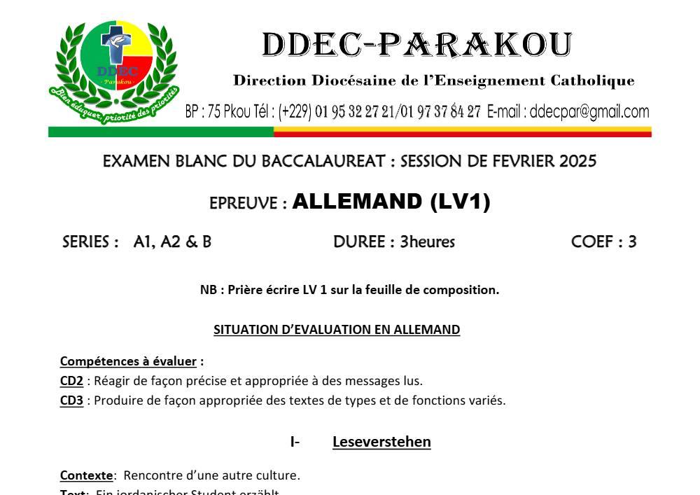 Aperçu de la première page — Allemand LV1 Séries A1 A2 B BAC Blanc Diocèse de Parakou 2025
