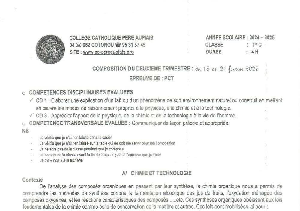 Aperçu de la première page — Tle C PCT Composition 2ème Trimestre Collège Catholique Père Aupiais Février 2025
