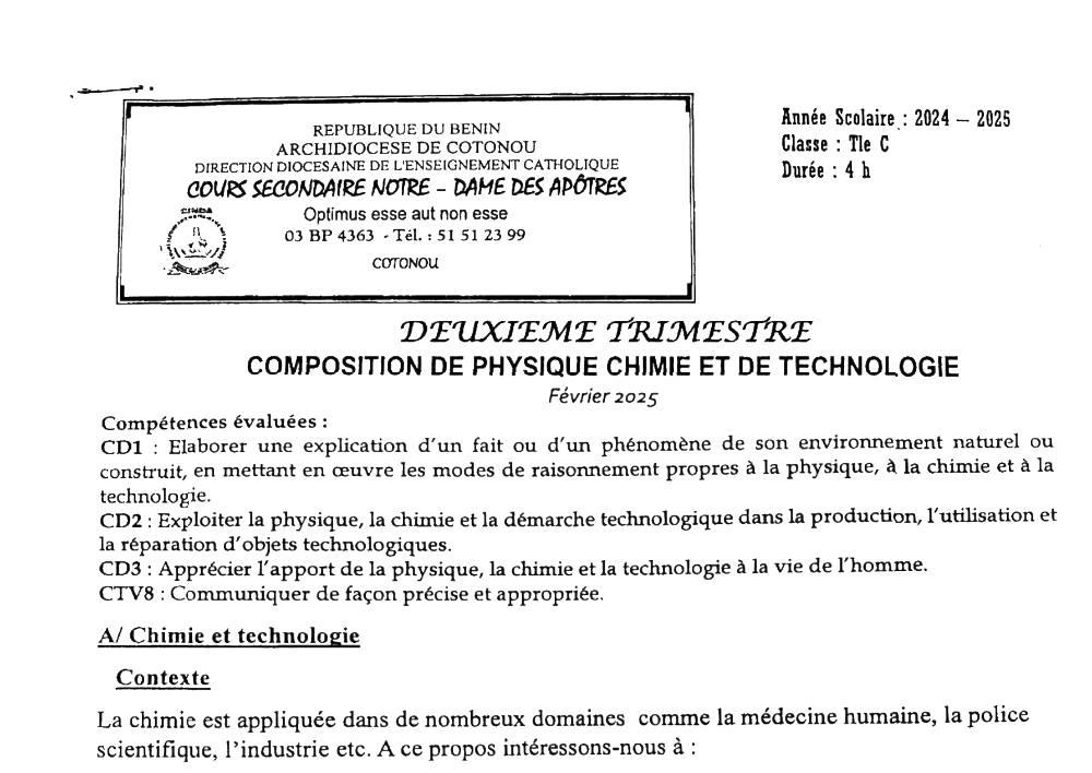 Aperçu de la première page — Tle C PCT Composition 2ème Trimestre CS Notre‑Dame des Apôtres Février 2025