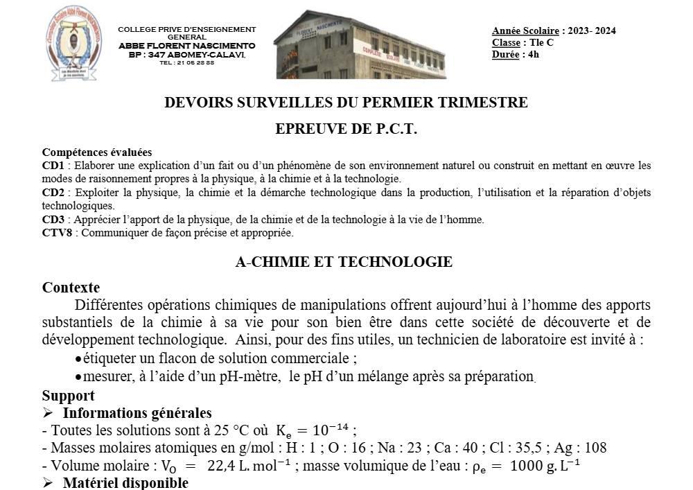 Aperçu de la première page — Tle C PCT Devoir 1er Trimestre CS Abbe Florent Nascimento 2023 2024