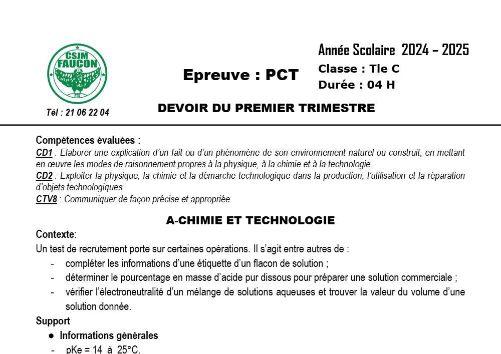 Aperçu de la première page — Tle C PCT Devoir 1er Trimestre Csjm Faucon 2024 2025