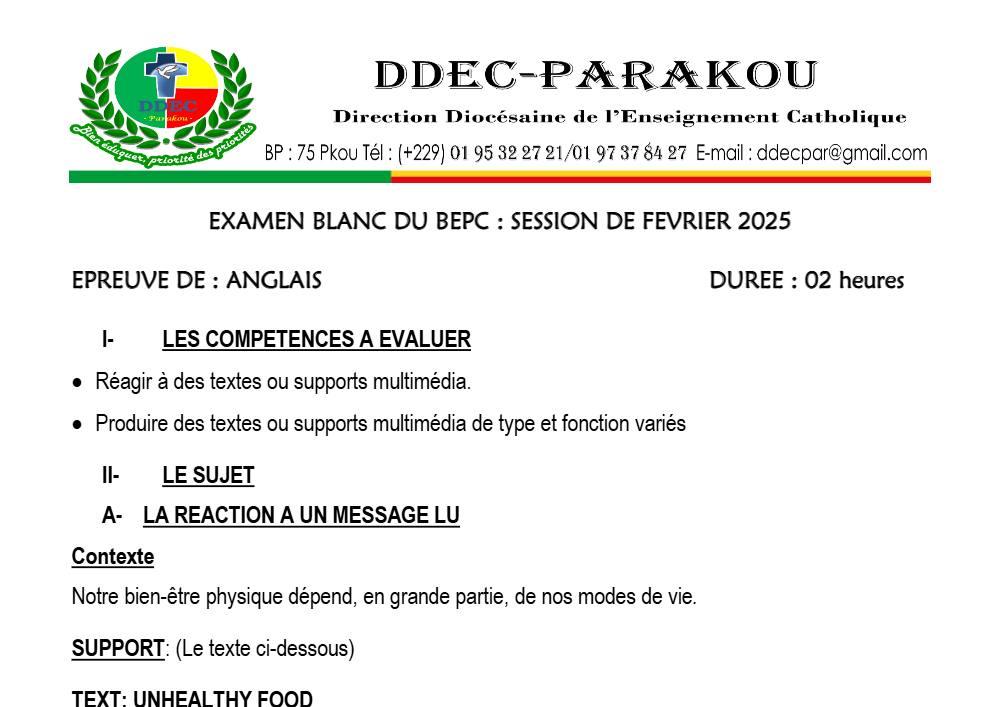Aperçu de la première page — Anglais BEPC Blanc Diocèse de Parakou 2025