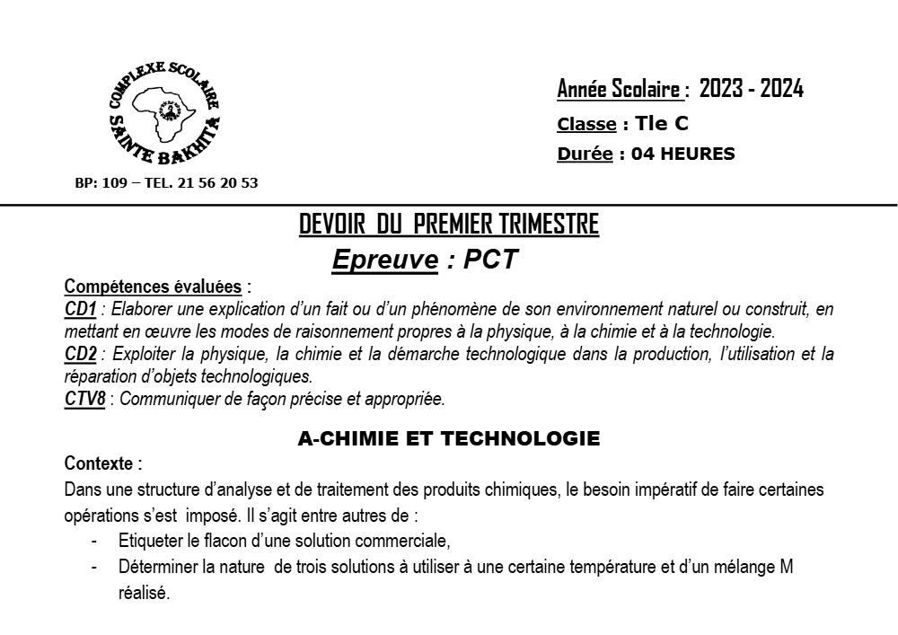 Aperçu de la première page — Tle C PCT Devoir 1er Trimestre CS Sainte Bakhita 2023 2024
