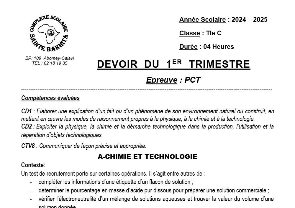 Aperçu de la première page — Tle C PCT Devoir 1er Trimestre CS Sainte Bakhita 2024 2025