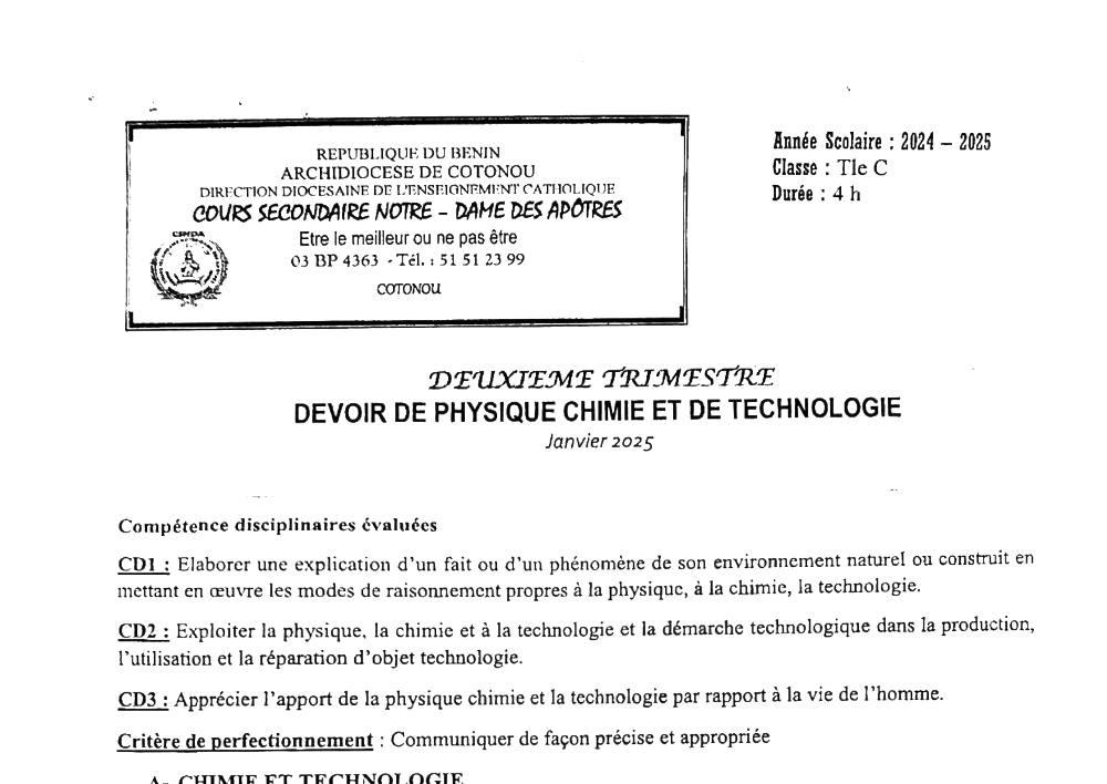 Aperçu de la première page — Tle C PCT Devoir 2ème Trimestre CS Notre‑Dame des Apôtres Janvier 2025