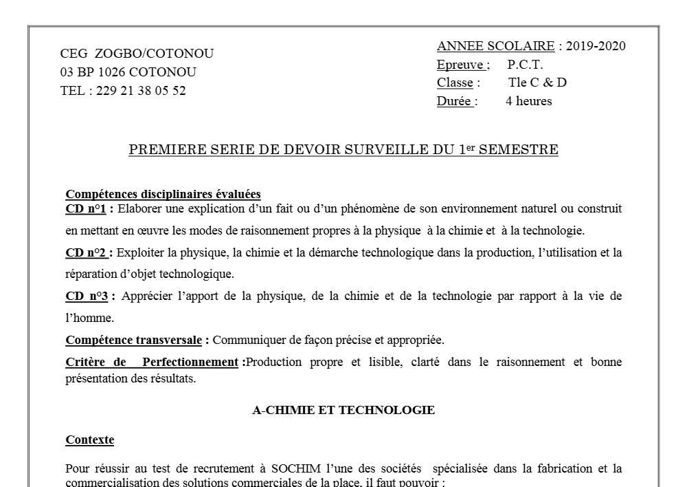 Aperçu de la première page — Tle C D PCT 1er Devoir 1er Semestre CEG Zogbo 2019 2020
