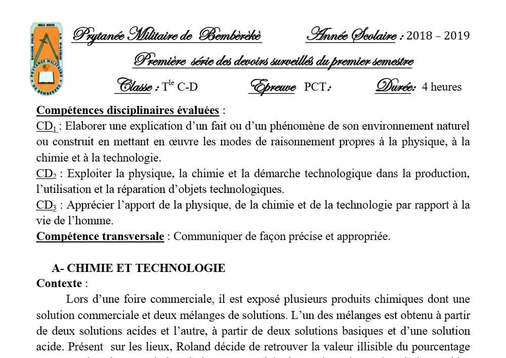 Aperçu de la première page — Tle C D PCT 1er Devoir 1er Semestre Prytanee Militaire Bembereke 2018 2019