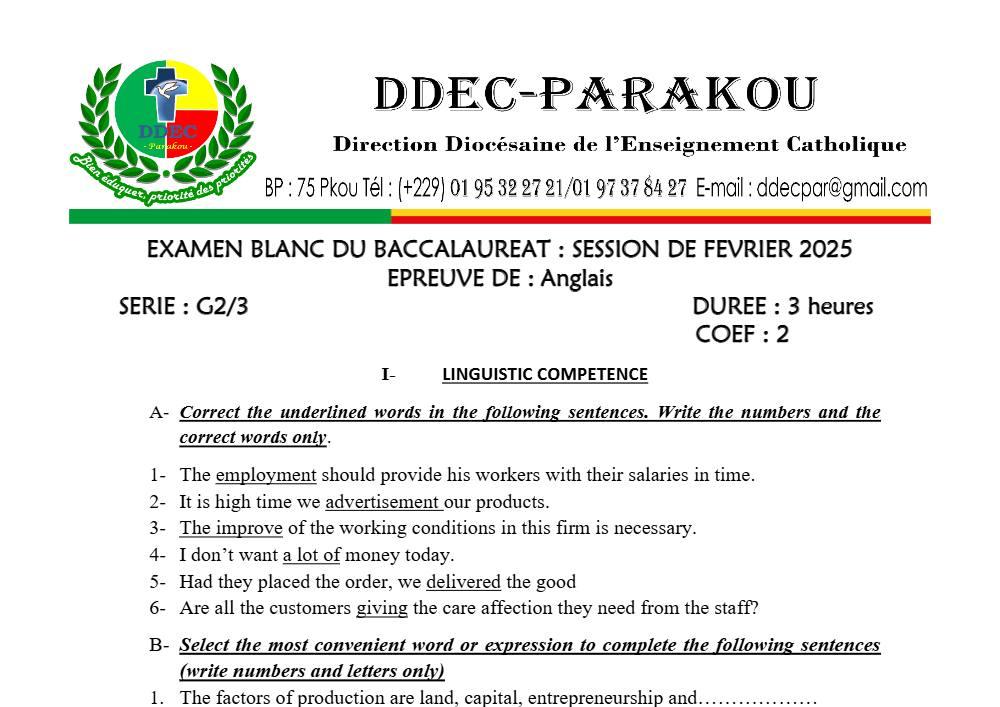 Aperçu de la première page — Anglais Série G2 BAC Blanc Diocèse de Parakou 2025