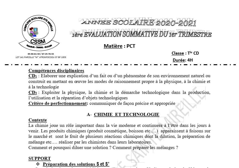 Aperçu de la première page — Tle C D PCT 1er Devoir 1er Trimestre CS Ste Mireille 2020 2021