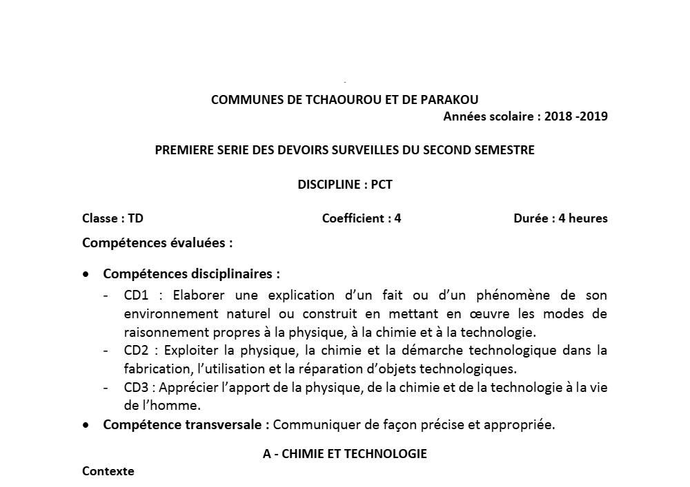 Aperçu de la première page — Tle C D PCT 1er Devoir 2ème Semestre CEG Tchaourou 2018 2019