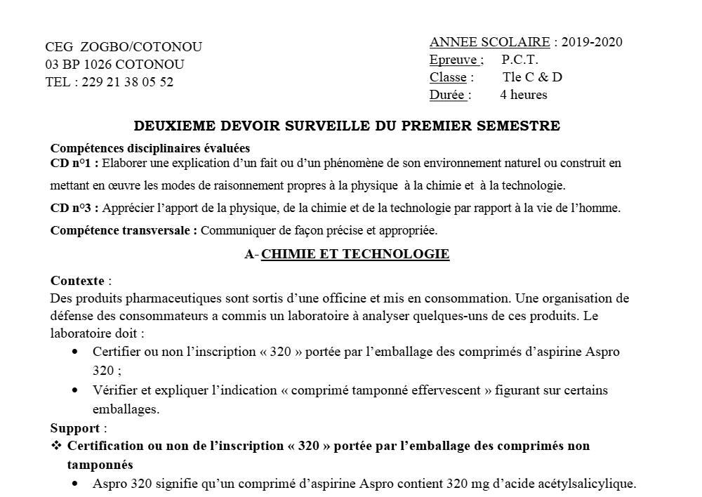 Aperçu de la première page — Tle C D PCT 2ème Devoir 1er Semestre CEG Zogbo 2019 2020