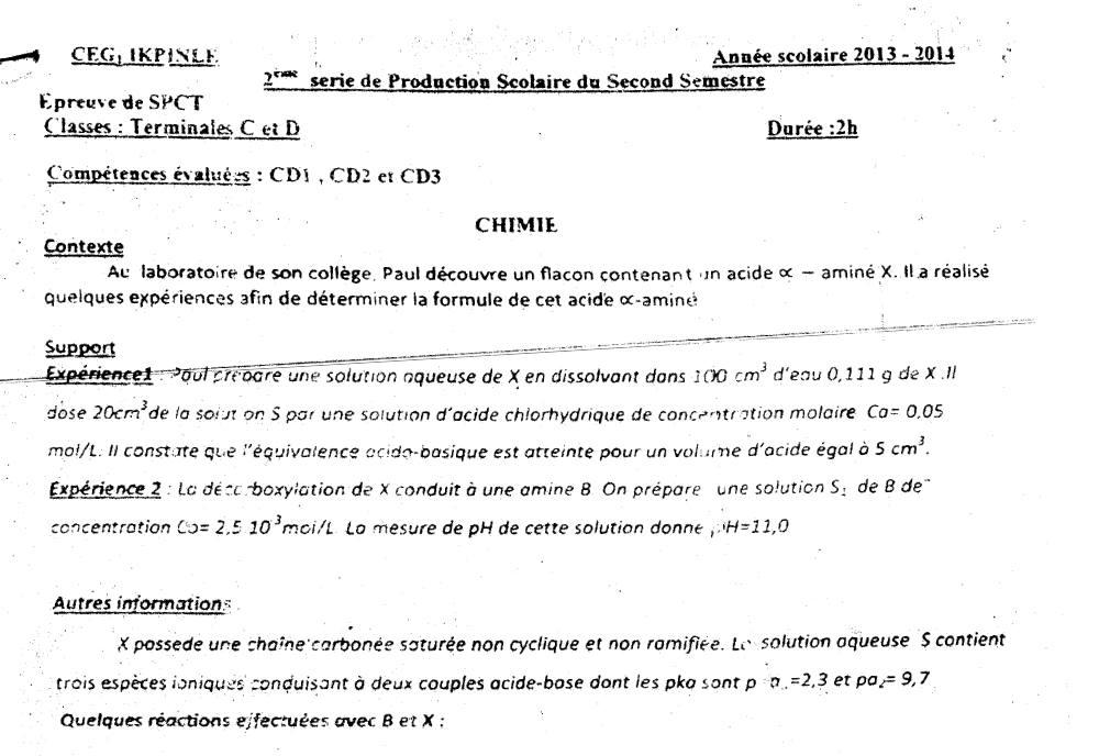 Aperçu de la première page — Tle C D PCT 2ème Devoir 2ème Semestre CEG Ikpinlè 2013 2014